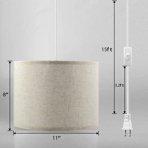 Plug In Pendant Light With 15 Foot Cord And On Off Switch, Easy No Hardwiring Hanging Lamp With Fabric Shade, Adjustable Drop