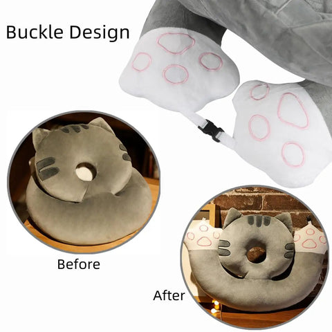 Desk Nap Pillow For Office And Travel With Breathable Hole Face Down Napping Cushion, cartoon cat design, before and after view