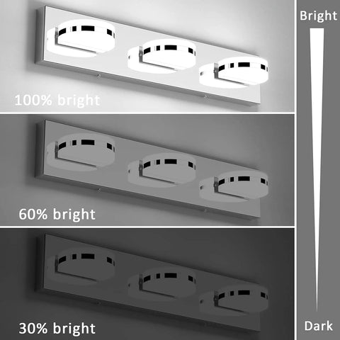 Three Light Dimmable Modern LED Vanity Light For Bathroom With Frosted White Acrylic Chrome Finish, brightness levels