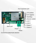 Stepper motor driver controller board for Nema 17/23/34, green PCB with 8-pin expansion port and 12V power input.