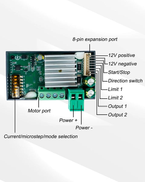 Stepper motor driver controller board for Nema 17/23/34, green PCB with 8-pin expansion port and 12V power input.