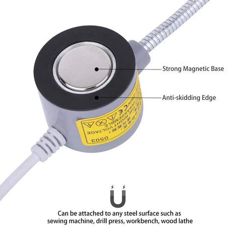 Close-up of the magnetic base and gooseneck of 2 Pack LED Sewing Machine Light With Flexible Gooseneck Arm And Magnetic Base 30LEDs 6W Ultra Bright Work Lamp For Sewing Projects Workbench Lathe Drill Press Silver.