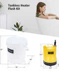 Tankless Water Heater Descaling Flush Kit With Inline Submersible Pump And Quick Connect Adapters including three gallon utility bucket and yellow pump