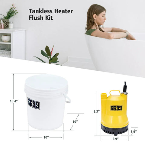 Tankless Water Heater Descaling Flush Kit With Inline Submersible Pump And Quick Connect Adapters including three gallon utility bucket and yellow pump