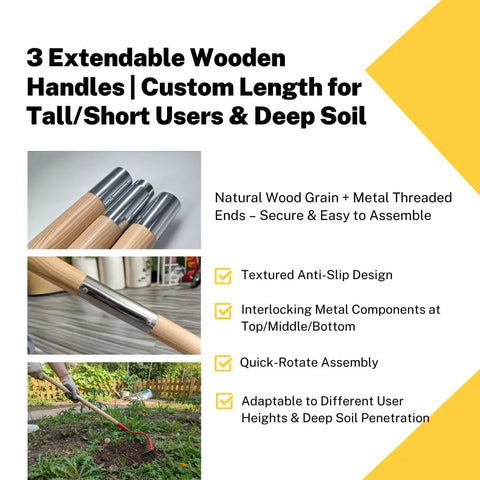 Upgraded 3.0 Weeding Rake With Seven Carbon Steel Tines Three Wood Handles And Quick Lock Rotating Head For Heavy Duty Yard Work Cultivating Soil Aeration Lawn Care Debris Removal And Easy Maneuverability In Red Finish shown with three wooden handles and metal ends.