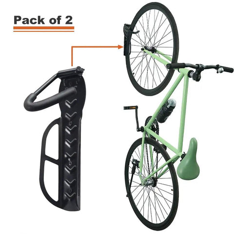 Garage Wall Mount Bike Storage Rack 2 Pack, Vertical Bike Hooks installed with bike, anti-scratch rubber coated hooks visible