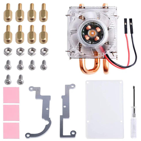 Low Profile Cpu Cooler With Rgb Pwm Fan And Aluminum Heatsink For Raspberry Pi 4B 3B Plus 3B parts including screws, heatsink, and brackets.