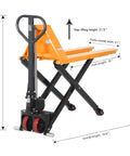 Heavy Duty Scissor Pallet Jack With 45 Inch Forks And 21 Inch Wide, Lifts Up To 31.5 In, Ergonomic Three Position Handle With Lower Slow Lift Fast Lift, 7.1 Inch Polyurethane Steering Wheels, Dual 2.9 Inch Fork Wheels, Leak Proof Hydraulic System. Side view with dimensions