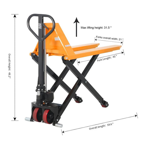 Heavy Duty Scissor Pallet Jack With 45 Inch Forks And 21 Inch Wide, Lifts Up To 31.5 In, Ergonomic Three Position Handle With Lower Slow Lift Fast Lift, 7.1 Inch Polyurethane Steering Wheels, Dual 2.9 Inch Fork Wheels, Leak Proof Hydraulic System. Side view with dimensions