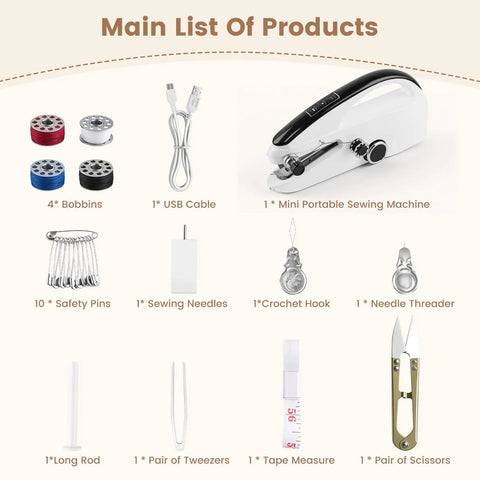 Image of a Your Go To Handheld Sewing Machine For Quick Mending And DIY Projects A Portable Mini Sewing Tool For Beginners with accessories.