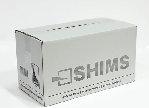 Hella Durable Kiln Dried Cedar Shims Bulk Case 420 Count Rot Resistant 8 Inch Fine Tip Wedges pack box with label