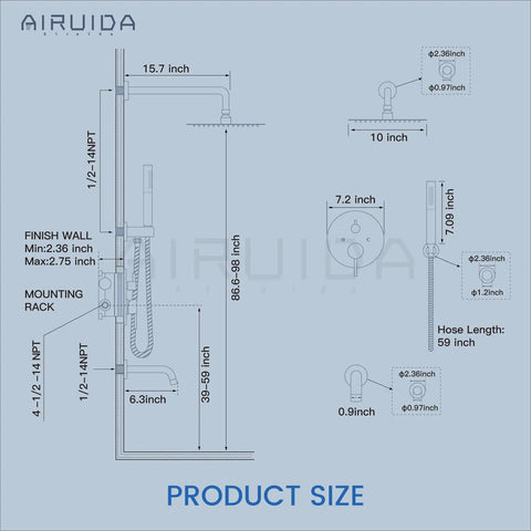 Technical diagram of 3 Function Rain Shower System With Handheld Shower And Tub Spout 10 Inch Chrome Shower Head