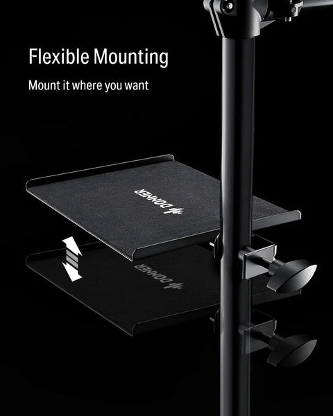 Sturdy Drum Accessory Tray With Clamp On Shelf For Electronic Kits, Flexible Mic Stand Holder showcasing flexible mounting with black EVA surface.