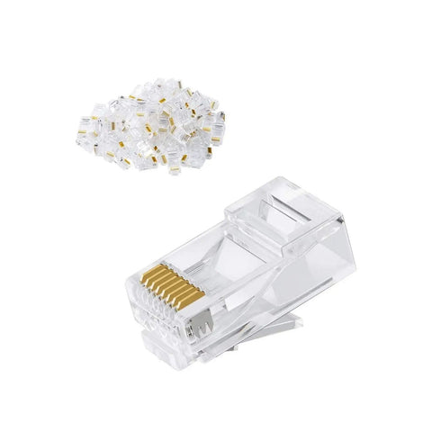 100 Pack Cat6 RJ45 Connectors For Solid And Stranded UTP Ethernet Cables Crimp On Ends Transparent Clear Finish Close-Up View
