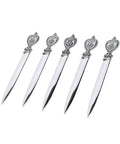 Vintage Leaf Floral Pattern Metal Letter Opener Set, 5 Pack For Home Office And School Desk, arranged in a row on white background