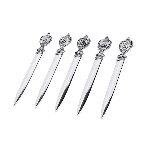 Vintage Leaf Floral Pattern Metal Letter Opener Set, 5 Pack For Home Office And School Desk, arranged in a row on white background