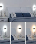 Plug In Wall Light Sconce With Adjustable Color Temperature, 12W indoor lamp showing cold, natural, warm white settings above a bed.