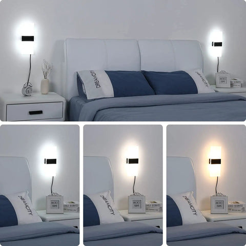 Plug In Wall Light Sconce With Adjustable Color Temperature, 12W indoor lamp showing cold, natural, warm white settings above a bed.