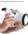 Hands holding Waterproof Underwater DSLR Housing Case For Canon And Nikon Cameras 20 Meter Depth Floating Sealed Cage, white