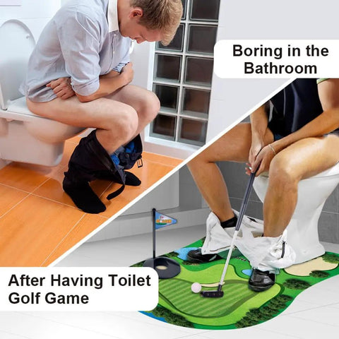 Man using Bathroom Toilet Golf Putting Game For Quick Laughs And Stress Relief on a green mat with putter and hole.