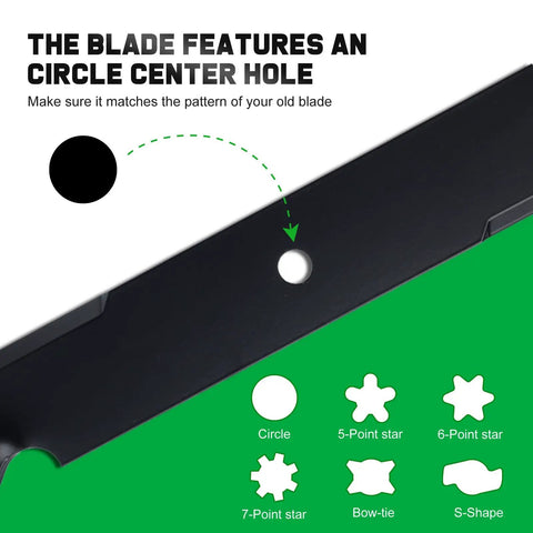 Diagram showing center hole design of Beefed-Up High Lift 61 Inch Mower Blades Replacement For Ferris Scag Turf Tiger Bad Boy.