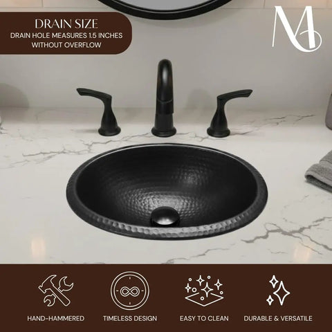 17 Inch Oval Drop In Matte Black Bathroom Sink With Hand Hammered Finish, Top Mount Vanity Sink For Countertop Installation