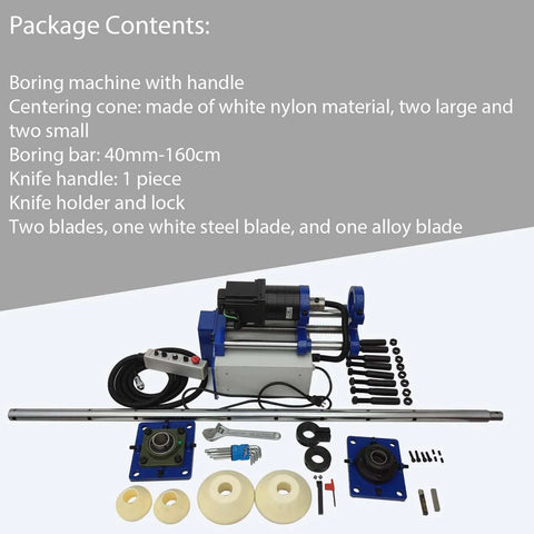 Front view of Yokoma 110V portable line boring machine with 5.2 ft x 1.57 in drilling bar and control handle.