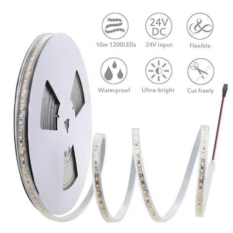 Waterproof LED Rope Lights 32.8Ft Ultra Bright 1200 LEDs 2835SMD 24V DC Warm White roll with flexible strip design