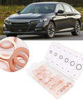 110 Piece Copper Washer Set With Mixed Sizes For Brake Lines Oil Lines And Small Engine Repair Durable High Conductivity Seals For A Tight Fit And Heat Resistance Your Go To Grounding Task Kit. Copper washer assortment in a labeled case beside a sedan.