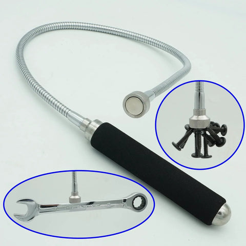 Flexible magnetic pickup tool with 26-inch metal gooseneck and black foam handle; magnetic tip and wrench included.