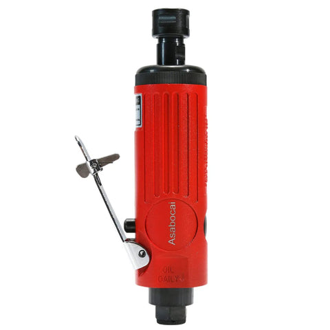 Shop Grade 1/4 Inch Pneumatic Straight Die Grinder With 22000 RPM, red tool with secure lock throttle for precision grinding.
