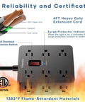 Go-To Universal Travel Power Adapter With 12 Wide-Spaced Outlets On Three Sides, 2 USB C And 2 USB A Ports, Surge Protector