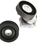 Must-Have High-Performance Tensioner Idler Pulley Kit For Mercedes S350 E320 C280 Replaces 1122000970 BACB11-KIT008 And More Parts To Keep Your Engine Running Smoothly Without Any Worries. black pulley kit with metal bracket, front view