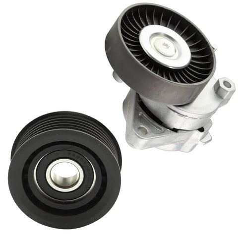 Must-Have High-Performance Tensioner Idler Pulley Kit For Mercedes S350 E320 C280 Replaces 1122000970 BACB11-KIT008 And More Parts To Keep Your Engine Running Smoothly Without Any Worries. black pulley kit with metal bracket, front view