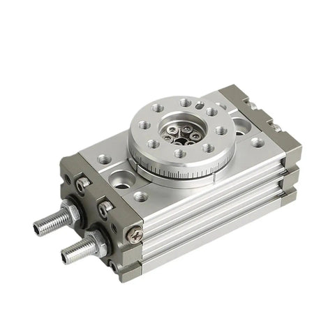 Rock Solid Heavy Duty Pneumatic Rotary Cylinder Air Actuator For Industrial Automation With 0 To 190 Degree Swing Rotation Table And Hella Tough Performance MSQB Series, showing front view with connectors.