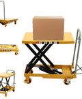 Heavy Duty 500 Lbs Hydraulic Lift Cart With Single Scissor Table Top Lifter And Universal Wheels Plus Rack for handling a cardboard box.