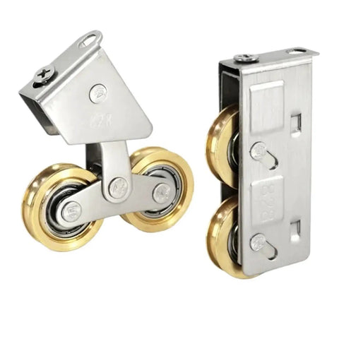 4 Pack Heavy Duty Sliding Screen Door Rollers With Stainless Steel Track Wheels And Copper Bearing Pulleys close-up showing dual wheels and mounting bracket.