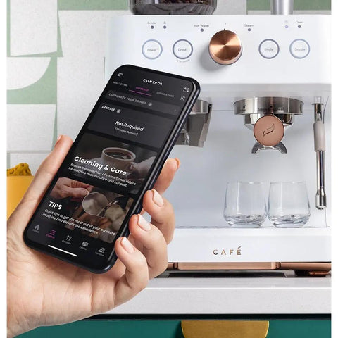 Next Level Semi Automatic Espresso Machine With Badass Built In Grinder And Silky Milk Frother Featuring WiFi App Control Custom Drinks shown with smartphone control app.