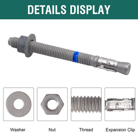 Concrete Wedge Anchors One Half Inch By Five And One Half Inch Heavy Duty Ten Pack Hot Dip Galvanized Carbon Steel Cement Anchor Bolts details