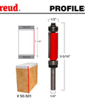 Pro Grade Top And Bottom Bearing Flush Trim Router Bit With Hi-Density Carbide For Template Work And Laminate Routing 1/2 Inch Diameter 1/4 Inch Shank 2 Cutters Model 50-501 diagram showing dimensions and usage.