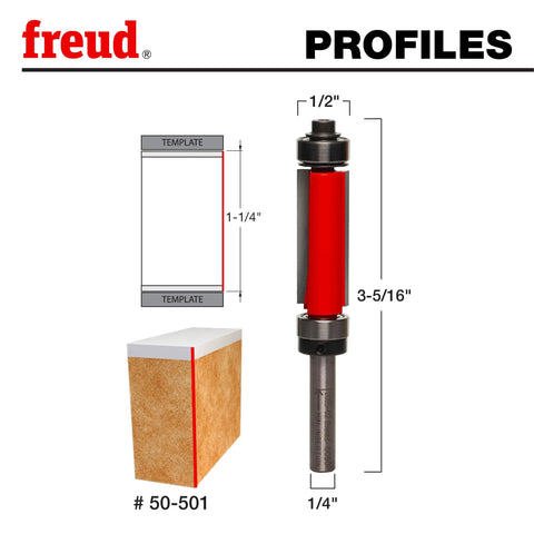 Pro Grade Top And Bottom Bearing Flush Trim Router Bit With Hi-Density Carbide For Template Work And Laminate Routing 1/2 Inch Diameter 1/4 Inch Shank 2 Cutters Model 50-501 diagram showing dimensions and usage.