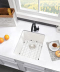 Undermount White Bar Sink 15x17 Deep Single Bowl For Wet Bar And RV Kitchen, Quartz Composite, with grid and black faucet