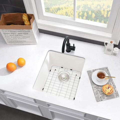 Undermount White Bar Sink 15x17 Deep Single Bowl For Wet Bar And RV Kitchen, Quartz Composite, with grid and black faucet