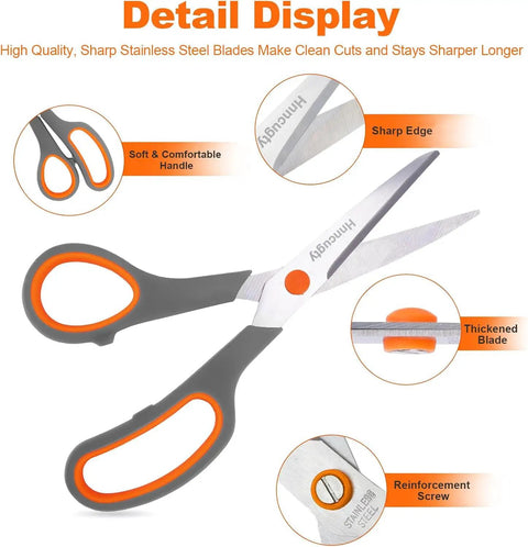 Detail of 8 Inch All Purpose Scissors Bulk 6 Pack For Office School Home Craft Sewing Fabric Left And Right Handed Comfortable Grip Sharp Stainless Steel Blades showing handle, blade, and screw features