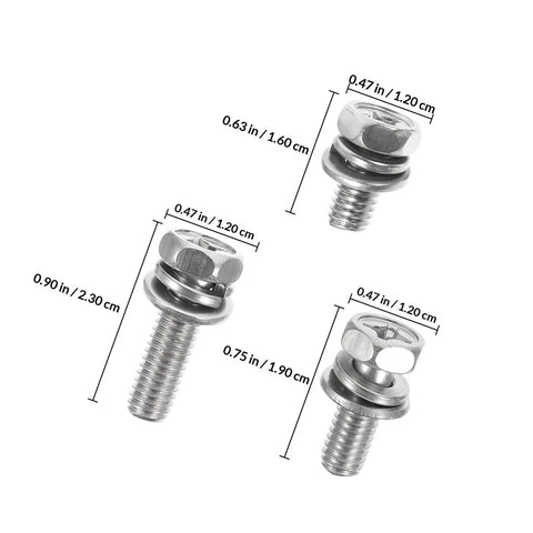 18 Piece Stainless Steel M6 Motorcycle Battery Bolt Kit With Nuts And Washers For Terminal Connectors, dimensions shown