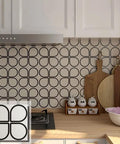 Cream Glossy White Peel And Stick Backsplash Tiles With Floral Modern Design in kitchen setting, 8x8 inch, self adhesive, 10 sheet pack.