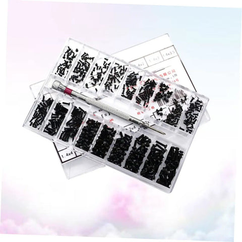 Miniature Countersunk Screw Set With Transparent Storage Case and screwdriver, lightweight small screws for glasses, watches, DIY projects.