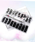 Top Tier Mini Screw Assortment Kit With 18 Assorted Sizes High Hardness Carbon Steel Black Fasteners neatly organized in a clear container.