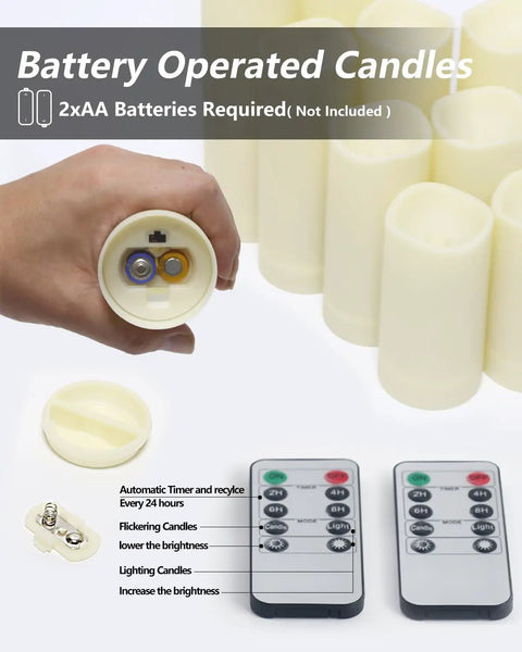 Flameless LED Candle Set Of 10 Pillar Candles Waterproof Resin For Indoor Outdoor Use showing open base for battery insertion and remote controls.