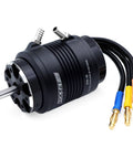 Beefy Torque 3660 Brushless RC Boat Motor, 2150 KV, 4 Pole, 5mm Shaft, Water Cooling Jacket, side view with connectors